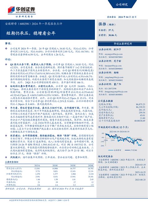 安琪酵母（600298）：2024年一季度报告点评：短期仍承压，稳增看全年 洞见研报 行业报告