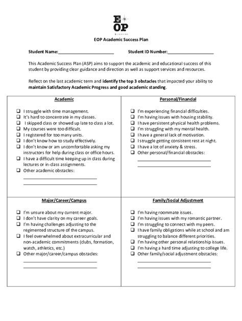 Fillable Online Eop Academic Success Plan Student Name Fax Email Print