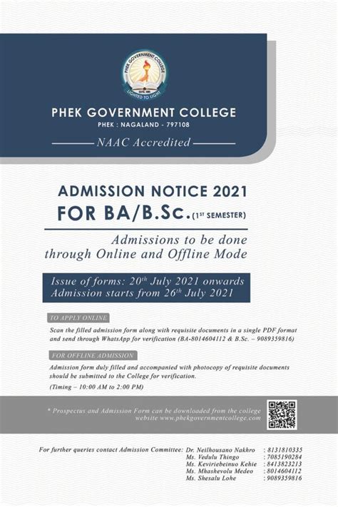 Admission Notice For B A B Sc 1st Semester 2021 Phek Government College