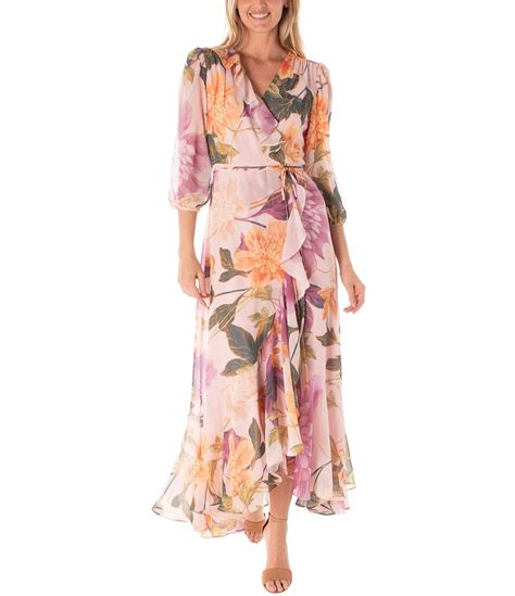 Maison Tara 3 4 Sleeve V Neck Floral Chiffon Faux Wrap Maxi Dress