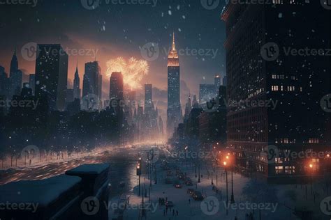 celebrating new year eve in new york under the snow storm illustration ...