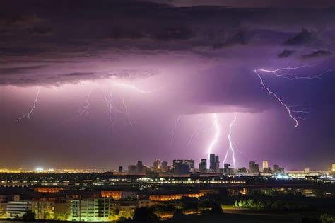 Premium Ai Image Photo Lightning Storm Over City In Purple Light