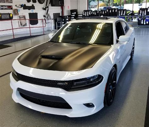 Satin Black Hood Wrap On A White 2016 Dodge Charger Scat Pack