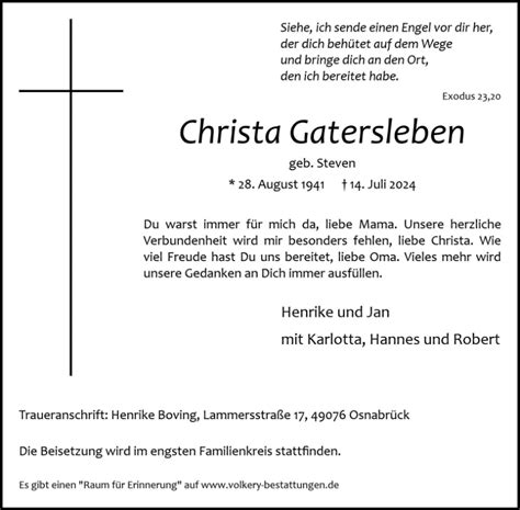 Gedenkseite für Christa Gatersleben Volkery Bestattungen