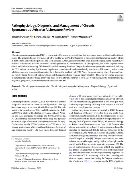 PDF Pathophysiology Diagnosis And Management Of Chronic Spontaneous