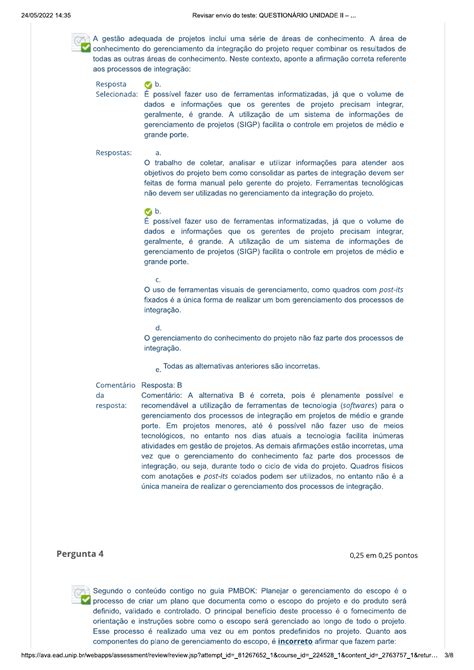 QUESTIONÁRIO UNIDADE II GERENCIAMENTO DE PROJETOS Gerenciamento de