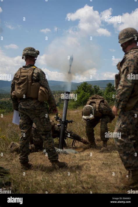 Los Marines De Estados Unidos Con Un Mortero Integrado Equipo Asignado