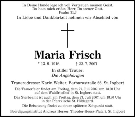 Traueranzeigen Von Maria Frisch Saarbruecker Zeitung Trauer De