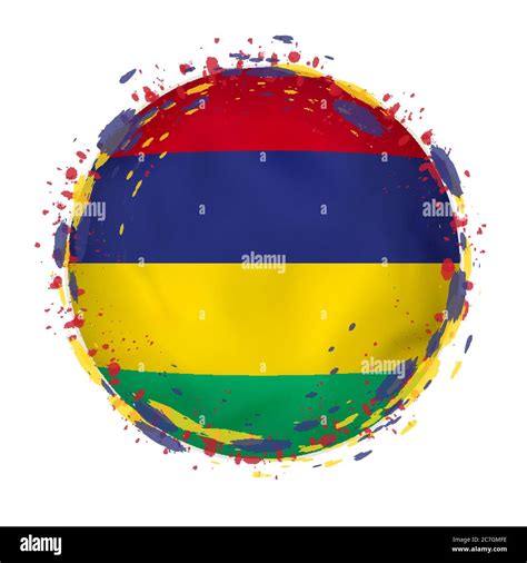 Round Grunge Flag Of Mauritius With Splashes In Flag Color Vector