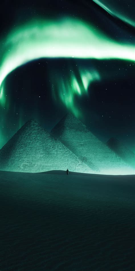 Egyptian Pyramids Wallpaper 4K, Aurora sky, Dreamy