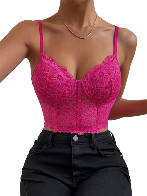 Lilosy Petite Sexy Underwire Lingerie Floral Lace Crop Cami Tank Top Women Sheer Longline