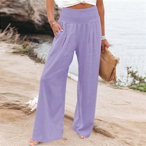 EHTMSAK Womens Linen Pants Wide Leg Palazzo Lounge Pant High Waisted