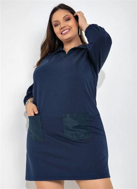 Vestido Plus Size Azul Com Bolsos Mink