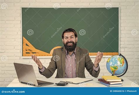 Welcome On Board Knowledge Day Mature Bearded Teacher At Lesson