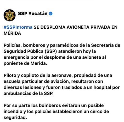 SSP Yucatán on Twitter SSPInforma SE DESPLOMA AVIONETA PRIVADA EN