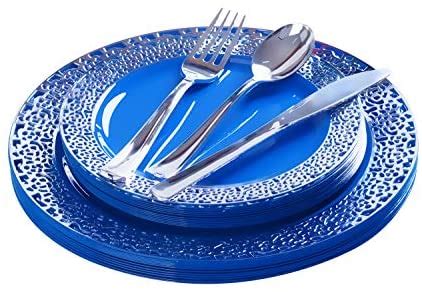 Wholesale Fomoica Blue Silver Plastic Plates And Siver Silverware