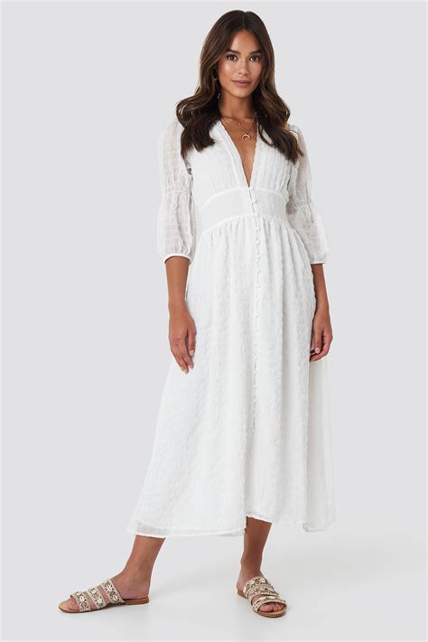 V Shape Flowy Puff Sleeve Dress White Na