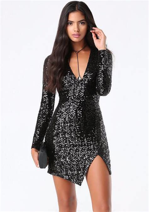 High Quality Sparkly Sequins Short Black Cocktail Dresses Long Sleeves