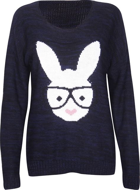 Womens Long Sleeve Bunny Rabbit Glasses Print Ladies Round Scoop