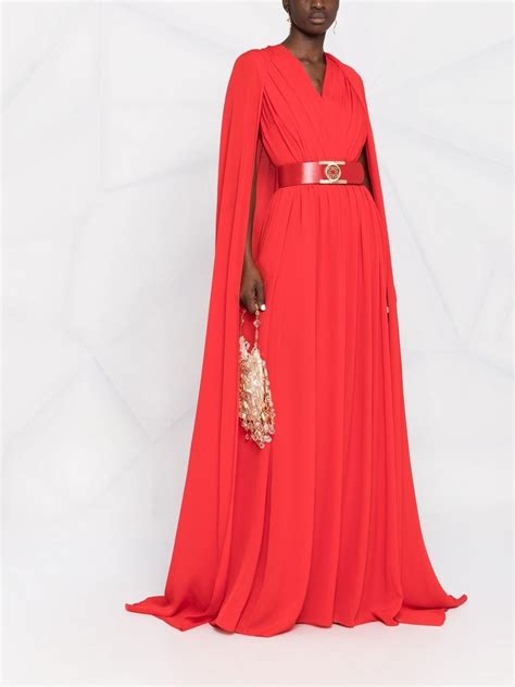 Elie Saab Belted Cape Effect Silk Gown Red FARFETCH