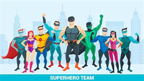 Free Vector Super Hero Composition With Group Of Superheroes Of Different Sex Against City