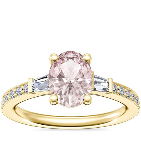 Tapered Baguette Diamond Cathedral Engagement Ring With Oval Morganite In 14k Yellow Gold 8x6mm