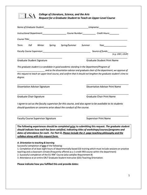 Fillable Online Lsa Umich Request Form GSIs Teaching Upper Level Course