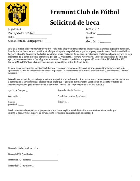 Fremont Club De Fútbol Solicitud De Beca