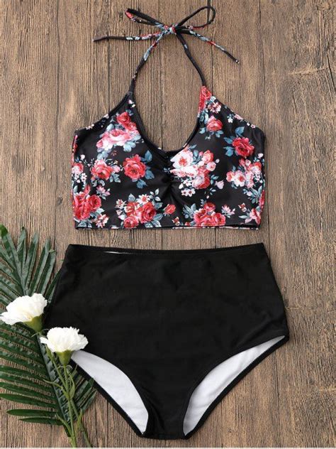 12 49 High Waisted Tiny Floral Halter Bikini Set BLACK M Floral