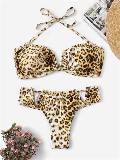 Leopard Ruched Halter Top With Cheeky Bikini Modest Bikini Bikini