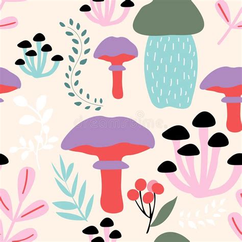 Vector Doodle Mushroom Seamless Pattern Stock Illustration