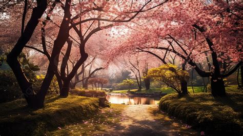 Path Through The Sakura Trees In A Blossoming Park Background, Picture ...