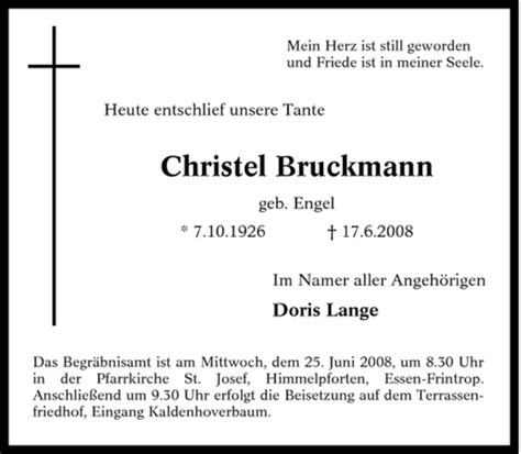 Traueranzeigen Von Christel Bruckmann Trauer In Nrw De