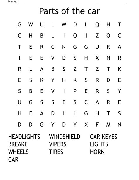 Parts Of The Car Word Search Wordmint