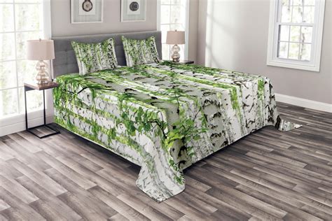 Woodland Bedspread Set Birch Trees In The Forest Summertime Wildlife