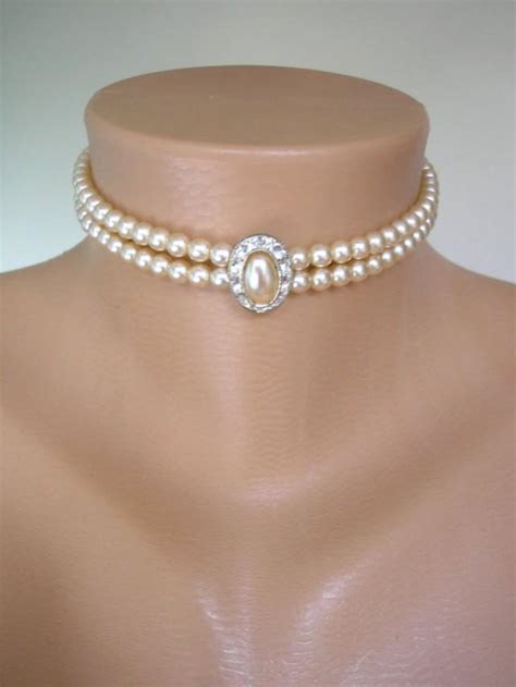 Pearl Choker Pearl Necklace Great Gatsby 2 Strand Cream Pearls Vintage Wedding Bridal