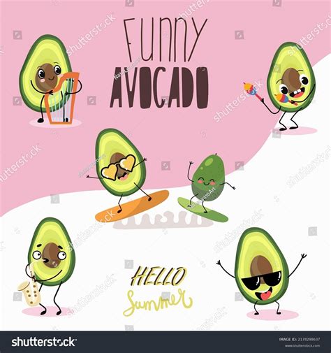 Vector Set Six Cartoon Avocado Characters Stock Vector Royalty Free