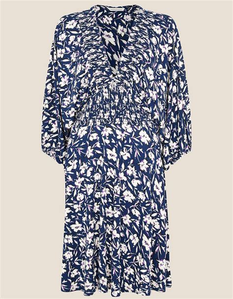 Floral Print Shirred Jersey Dress Blue Floral Prints Monsoon Uk