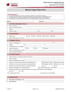 Fillable Online Marine Cargo Claim Form Sompo Sg Fax Email Print