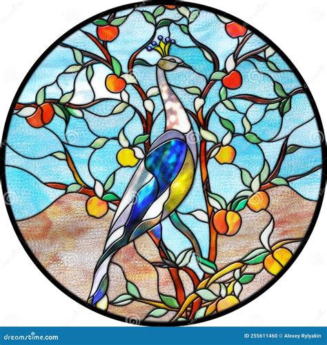 3D Stained Glass The Red Texture Of The Glass A Beautiful Bird On An