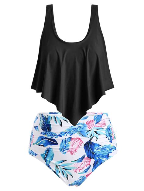 Off Leaf Print Flounce Plus Size High Waisted Bikini Set In