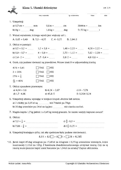 Ułamki Dziesiętne Klasa 5 Ułamki Dziesiętne Studocu