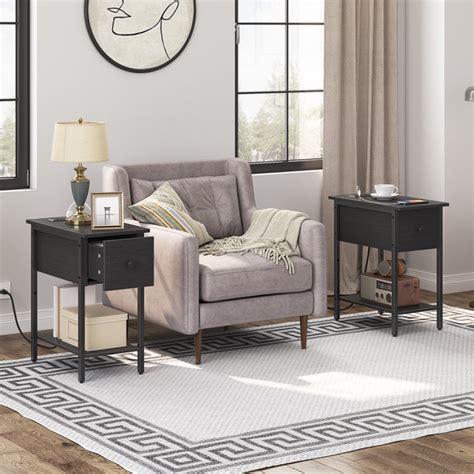 Hoobro Tier Set Of Narrow Bedside Tables With Charging Station Sofa