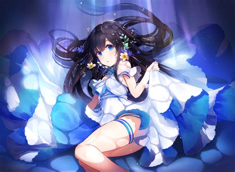 Ao No Neko Aqua Eyes Black Hair Bubbles Dress Flowers Long Hair