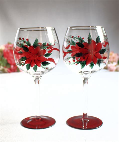 Poinsettia Wine Glasses, Christmas Glasses, Red Poinsettia Glasses, Vintage Wine Glasses ...