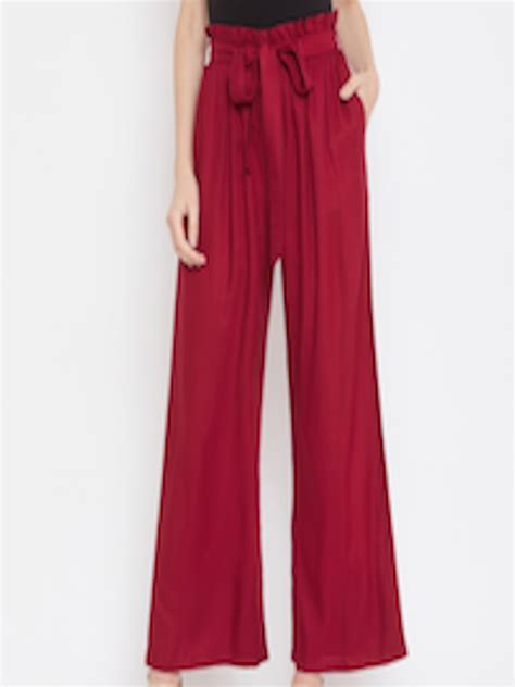 Buy Zastraa Women Maroon Solid Parallel Trousers With Belt Trousers