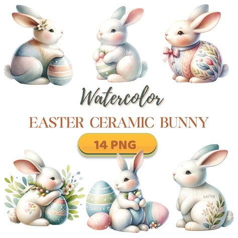 Ceramic Easter Bunny Clipart Watercolor Spring Bunny Illustration