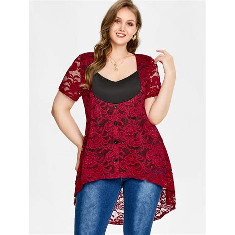 Rosegal Womens Plus Size Lace High Low Longline Blouse