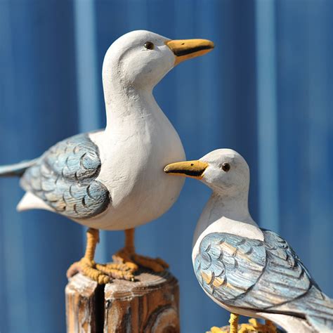 2pcs Wooden Seagull Nautical Bird Figurines Hand Carved Wood Etsy