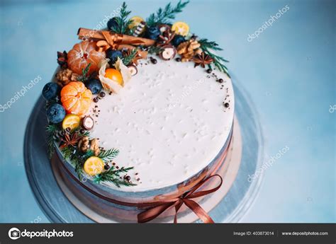 Naked Cake Decorated With Fruit On The Blue Baskground Stock Photo By Davit